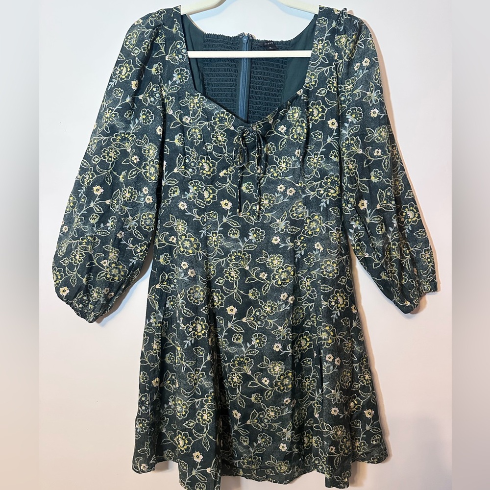 J. Crew Womens Sweatheart Neckline Green Floral smocked Back Mini Dress Size 6
